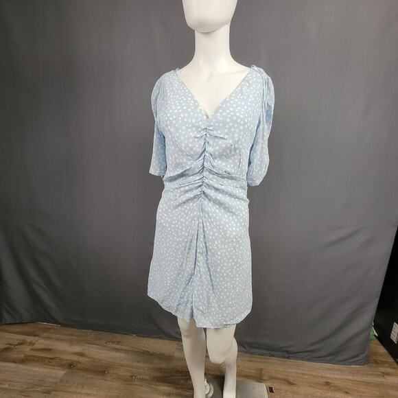 ZARA Mini Dress M Polka Dot Puff Sleeve Ruched Front Picnic Style - Picture 1 of 7